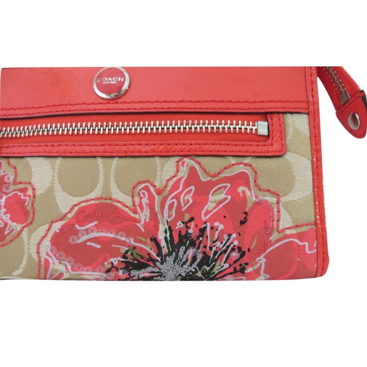 Coach Poppy Flower Khaki Signature Sequin Coral Patent Leather Wallet 47070