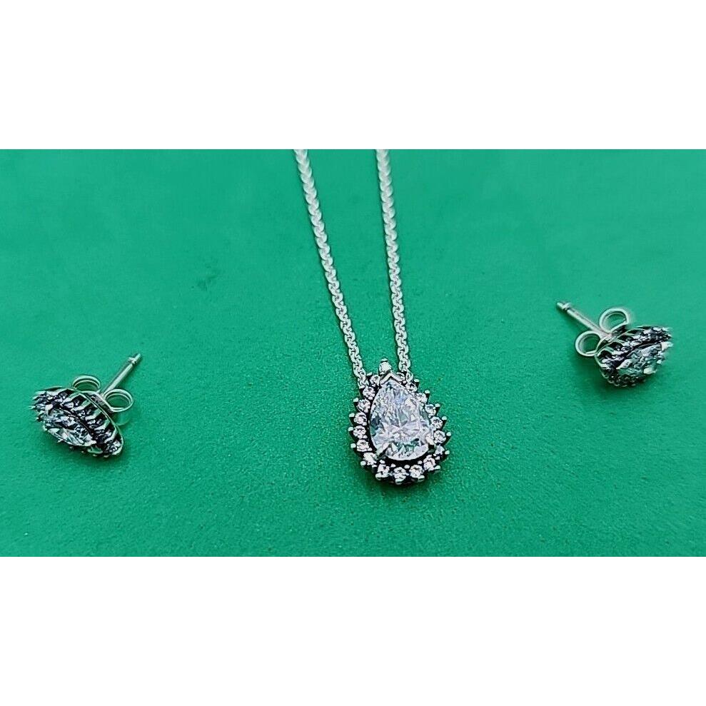 Pandora 2 Piece Jewelry Set Sparking Pear Halo Collier Necklace