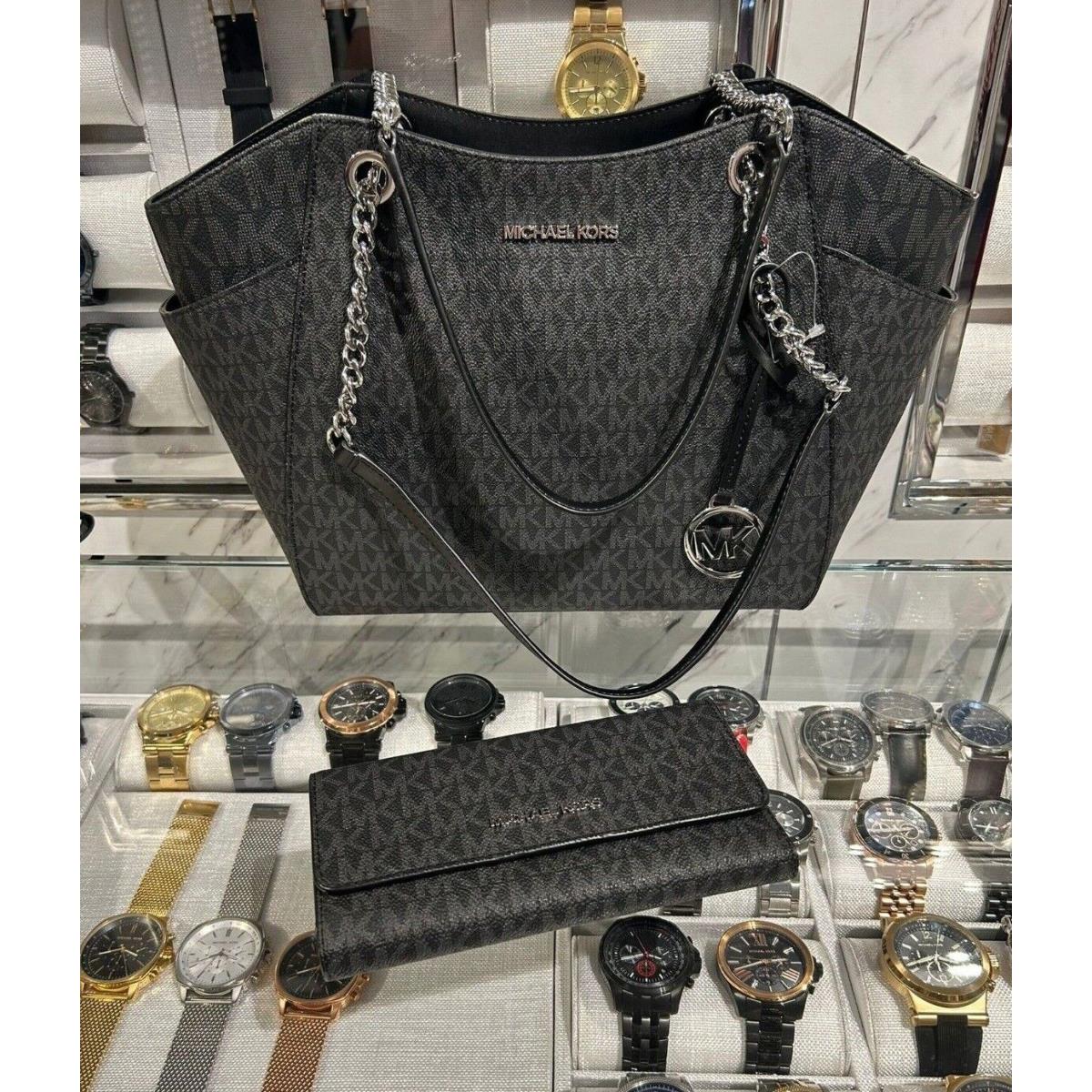 Michael Kors Womens Large Chain Shoulder Tote Bag Purse Handbag +trifold Wallet BLACK (MK Signature)