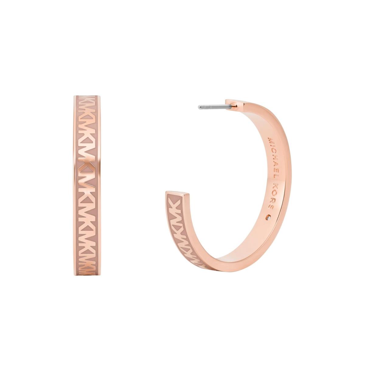 Michael Kors Women`s MK Logo Pink and Rose Gold-tone Brass Hoop Earrings