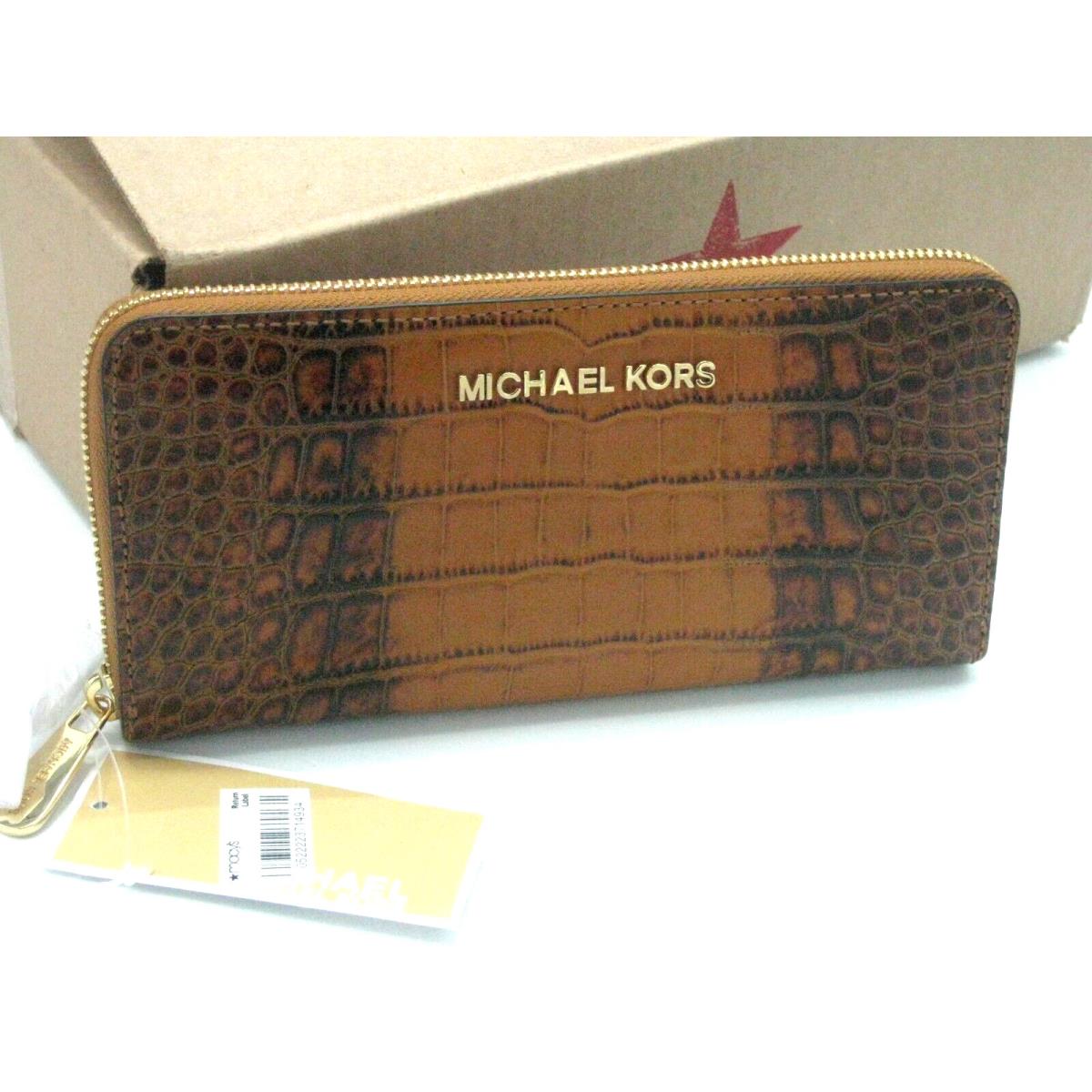 Michael Kors Brahmin Croc Embossed Leather Zip Around Continental Wallet Luggage Brown