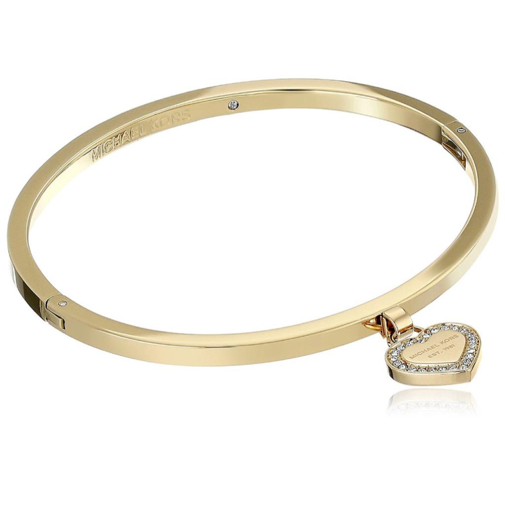 Michael Kors MK Logo Heart Yellow Gold Bangle Bracelet Crystals MKJ5037710 + Box