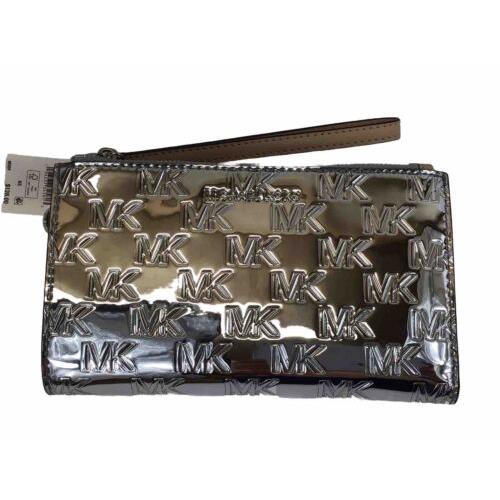 Michael Kors Jet Set Large Zip Phone Wristlet Metallic Silver Camel MK Leather