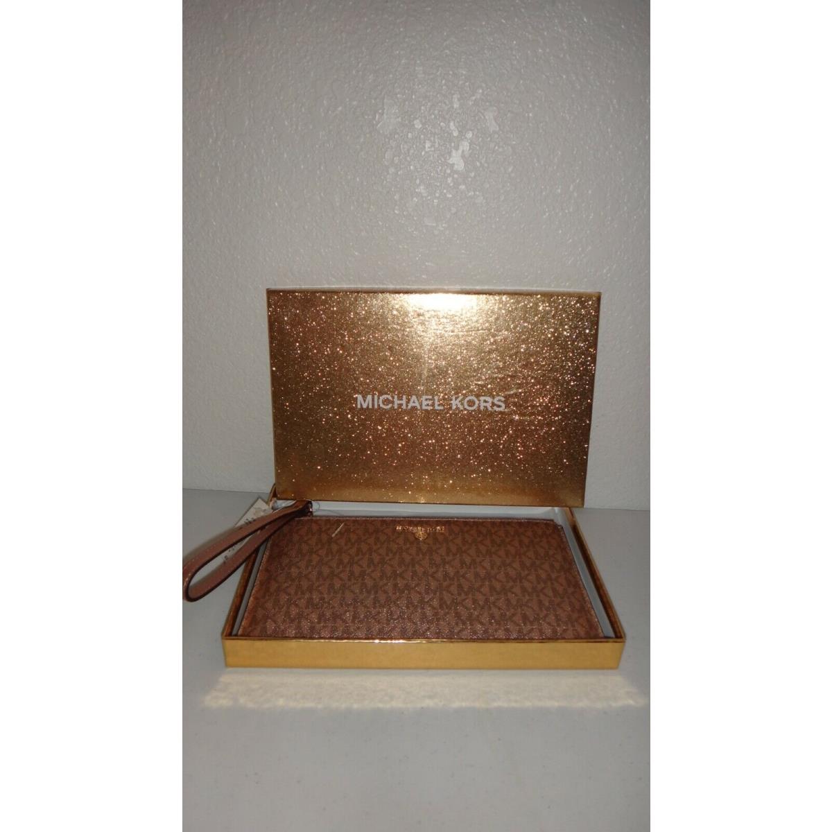 Michael Kors Jet Set Charm Rose Gold MK Signature LG Clutch Wristlet Wallet +box