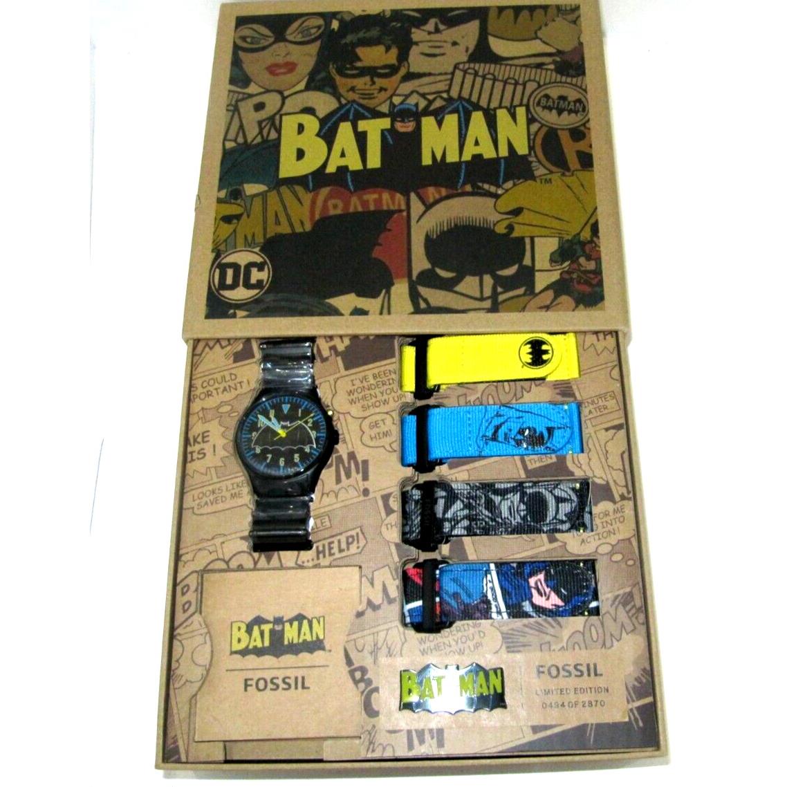 Fossil Ltd Ed Batman Legacy 3-Hand Black Stainless Steel Watch 5 Bands Set