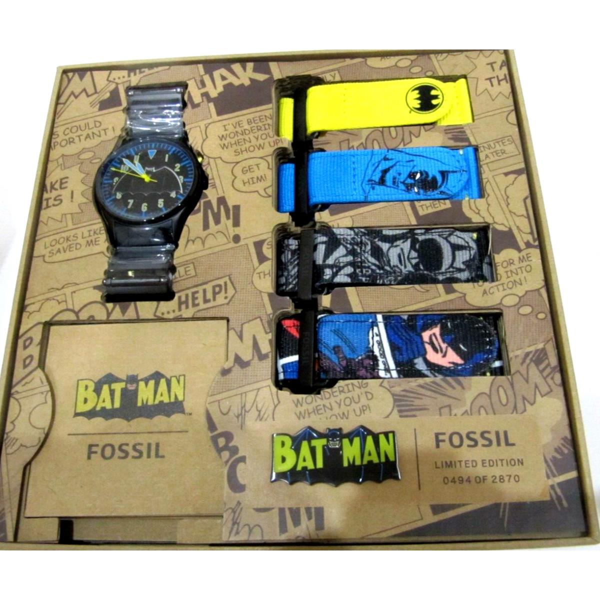 Fossil Ltd Ed Batman Legacy 3-Hand Black Stainless Steel Watch 5 Bands Set