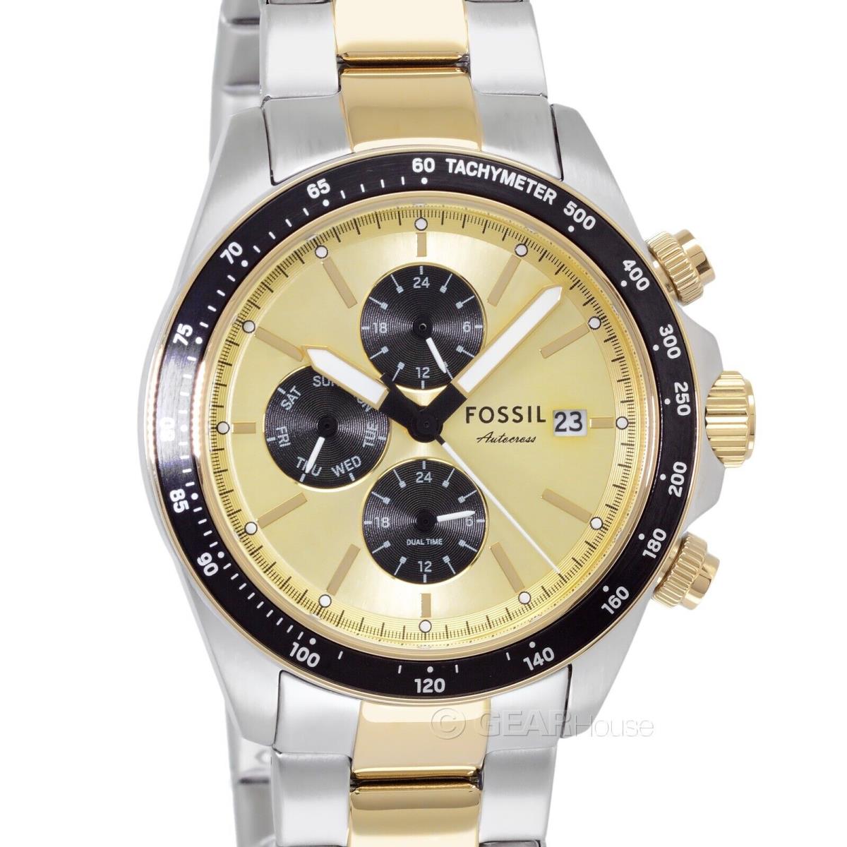 Fossil Autocross Mens Dual Time Multifunction Watch Gold Black Silver Two-tone