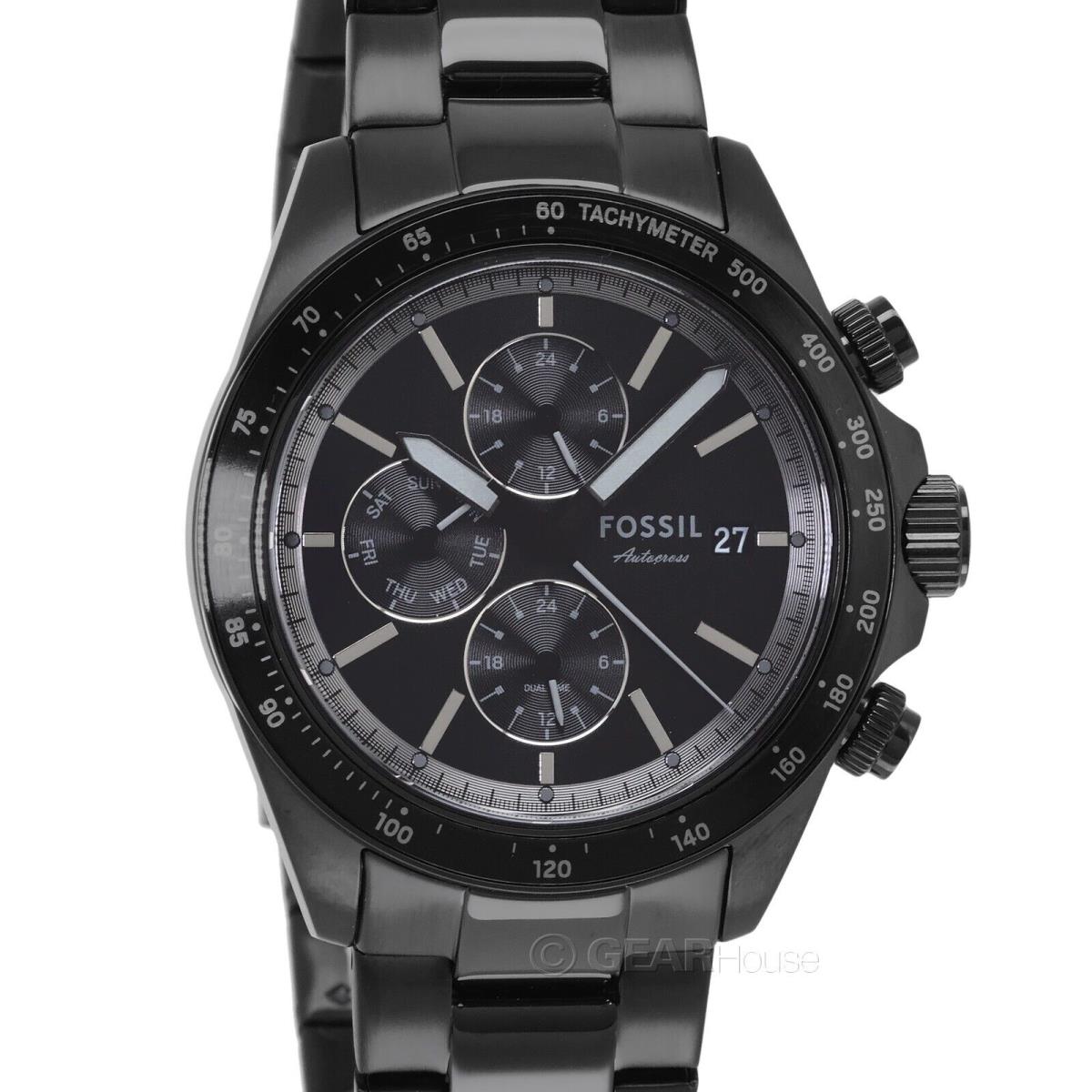 Fossil Autocross Mens Dual Time Multifunction Watch Black Dial Stainless Steel