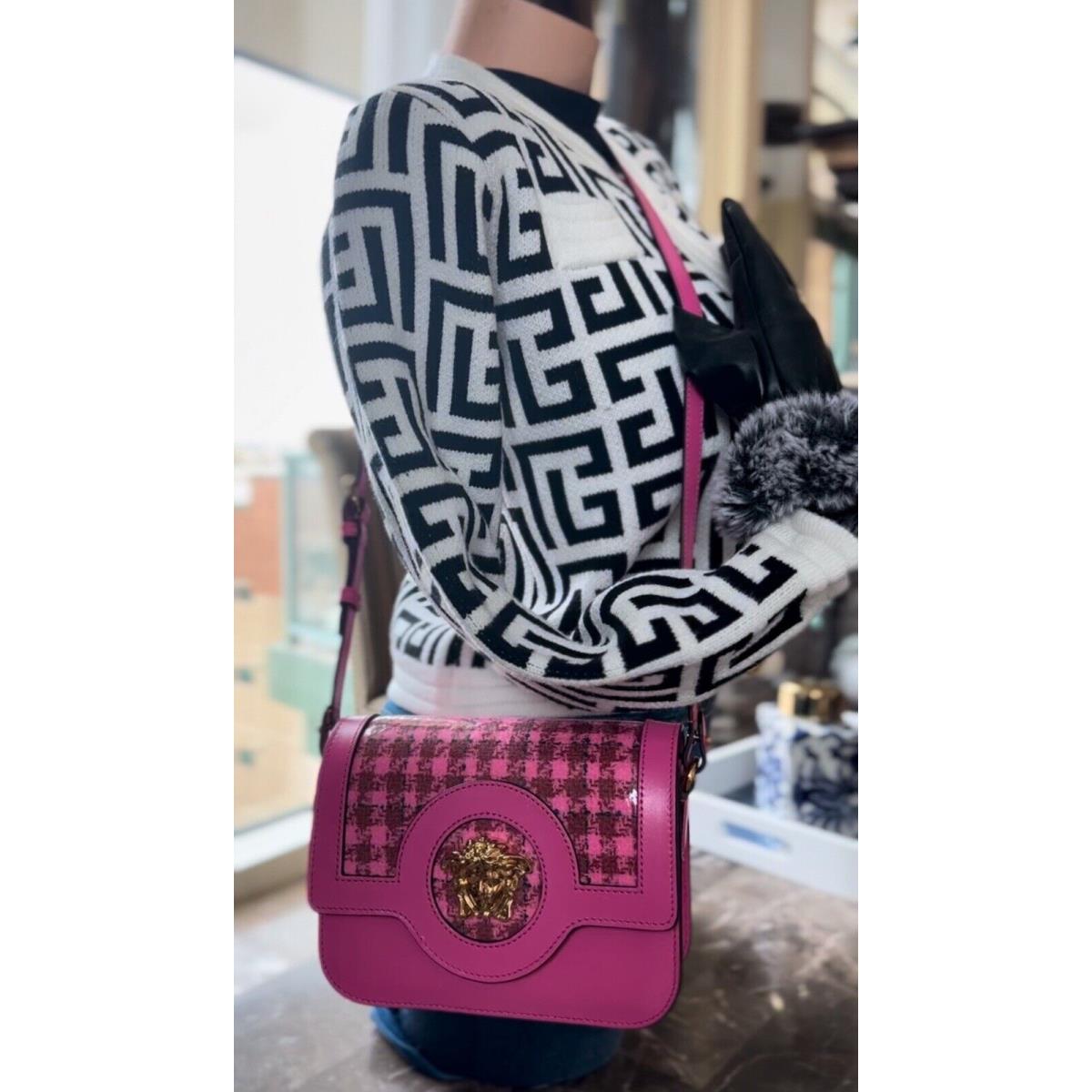 Versace Plaid Tweed Pink Leather Medusa Crossbody Shoulder Clutch Bag 1250
