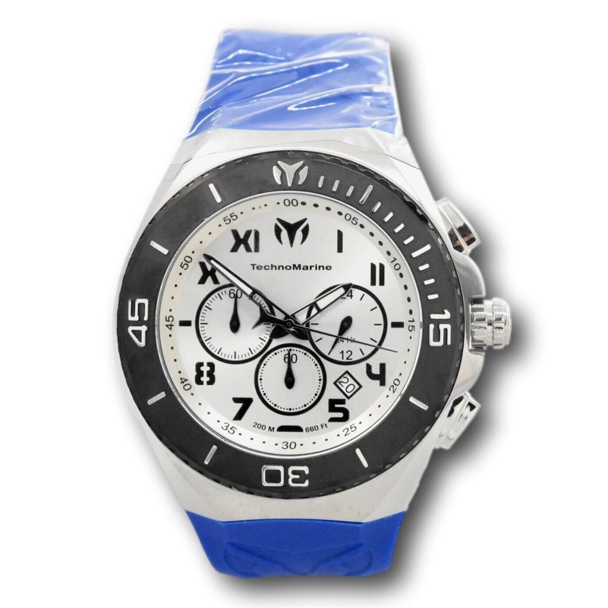 Technomarine Ocean Manta Men`s 48mm Mixed Silicone Chronograph Watch TM-220024 - Dial: Silver, Band: Blue, Bezel: Black, Gray, Silver