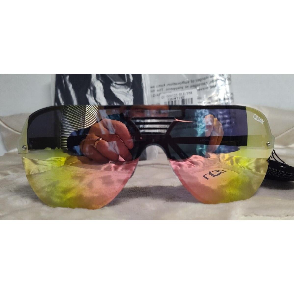 Quay Showtime Shield Style Sunglasses Black Frame/ Pink-rainbow Lenses Super Fun
