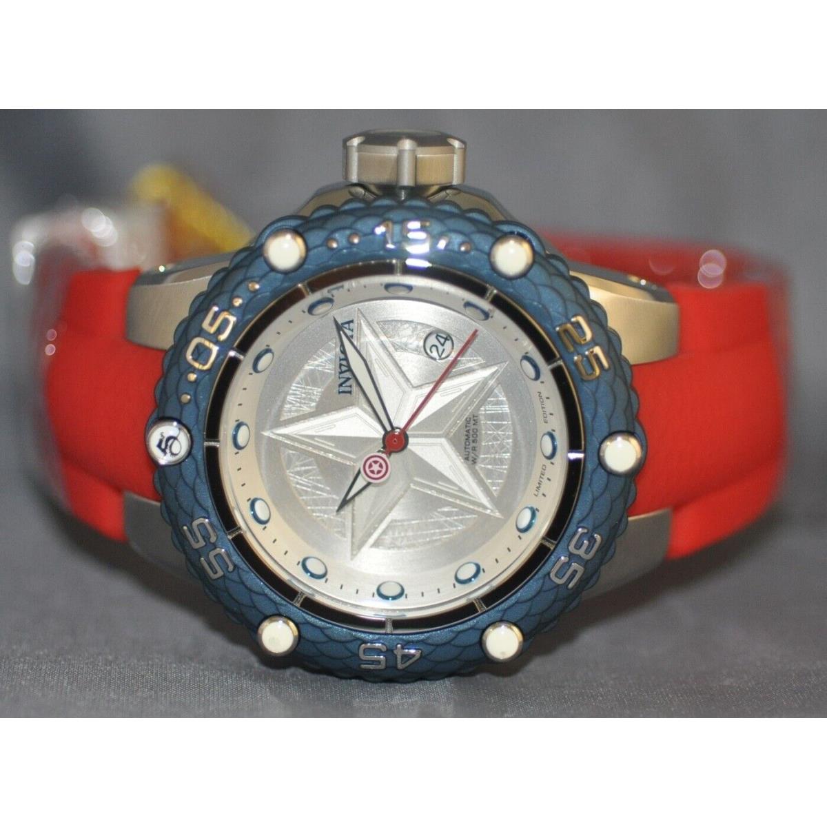 Invicta Men`s Marvel Captain America Automatic Silver Dial Red Poly Watch 26001