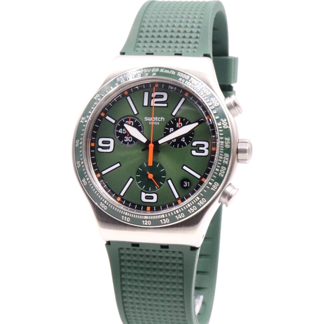 Swiss Swatch Irony Forest Grid Green Silicone Men Date Watch 43mm YVS462