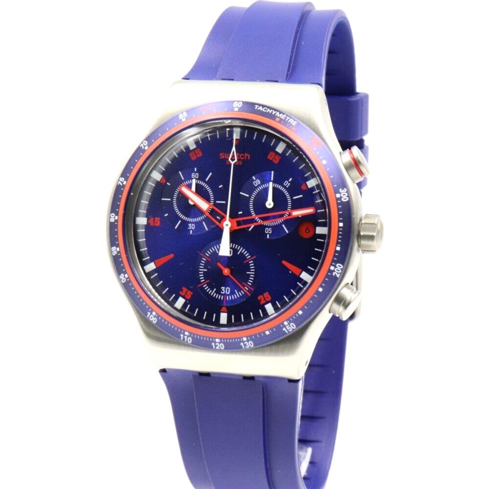 Swiss Swatch Irony Hookup Chrono Blue Silicone Date Watch 43mm YVS417