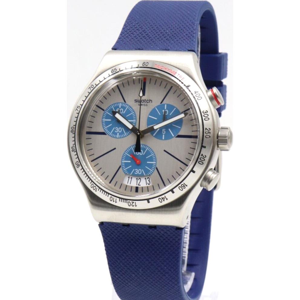 Swiss Swatch Irony Blau ME ON Silicone Blue Chrono Men Watch 44mm YVS435