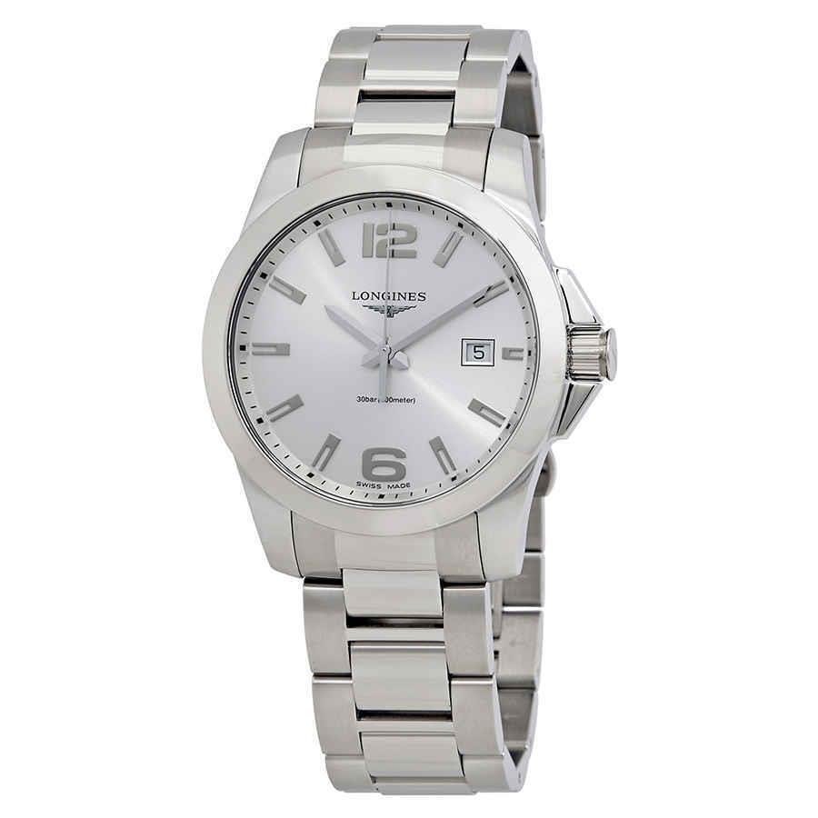 Longines Conquest Silver Dial Stainless Steel Men`s 41mm Watch L37594766 - Dial: Silver, Band: Silver, Bezel: Silver