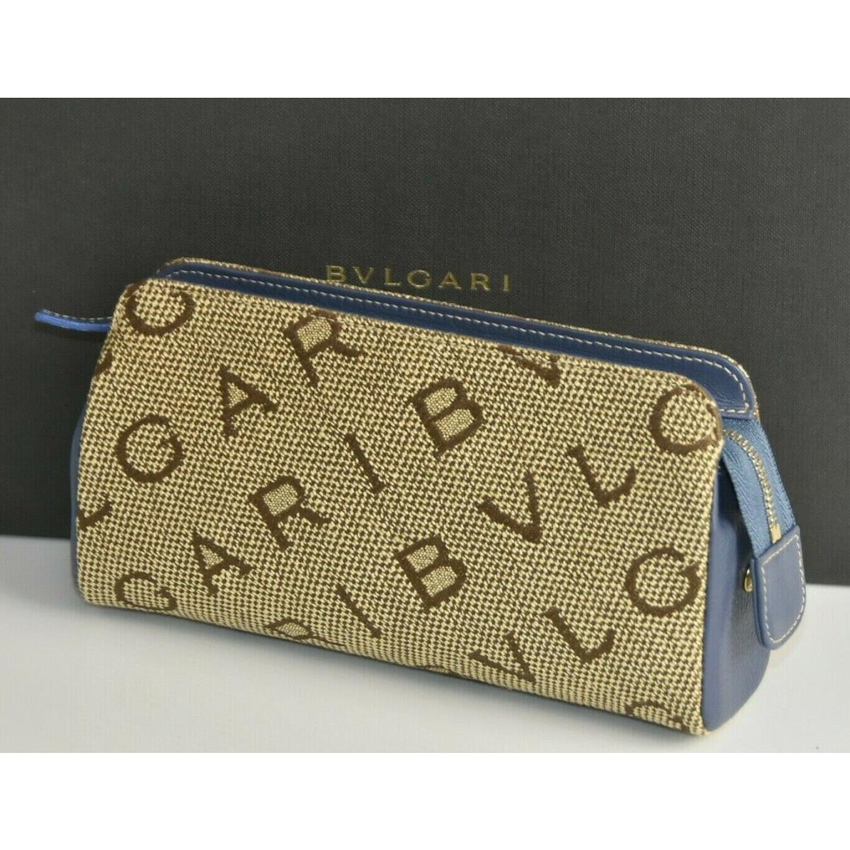 Bvlgari Blue Leather Beige Logo Canvas Make Up Bag Case Clutch