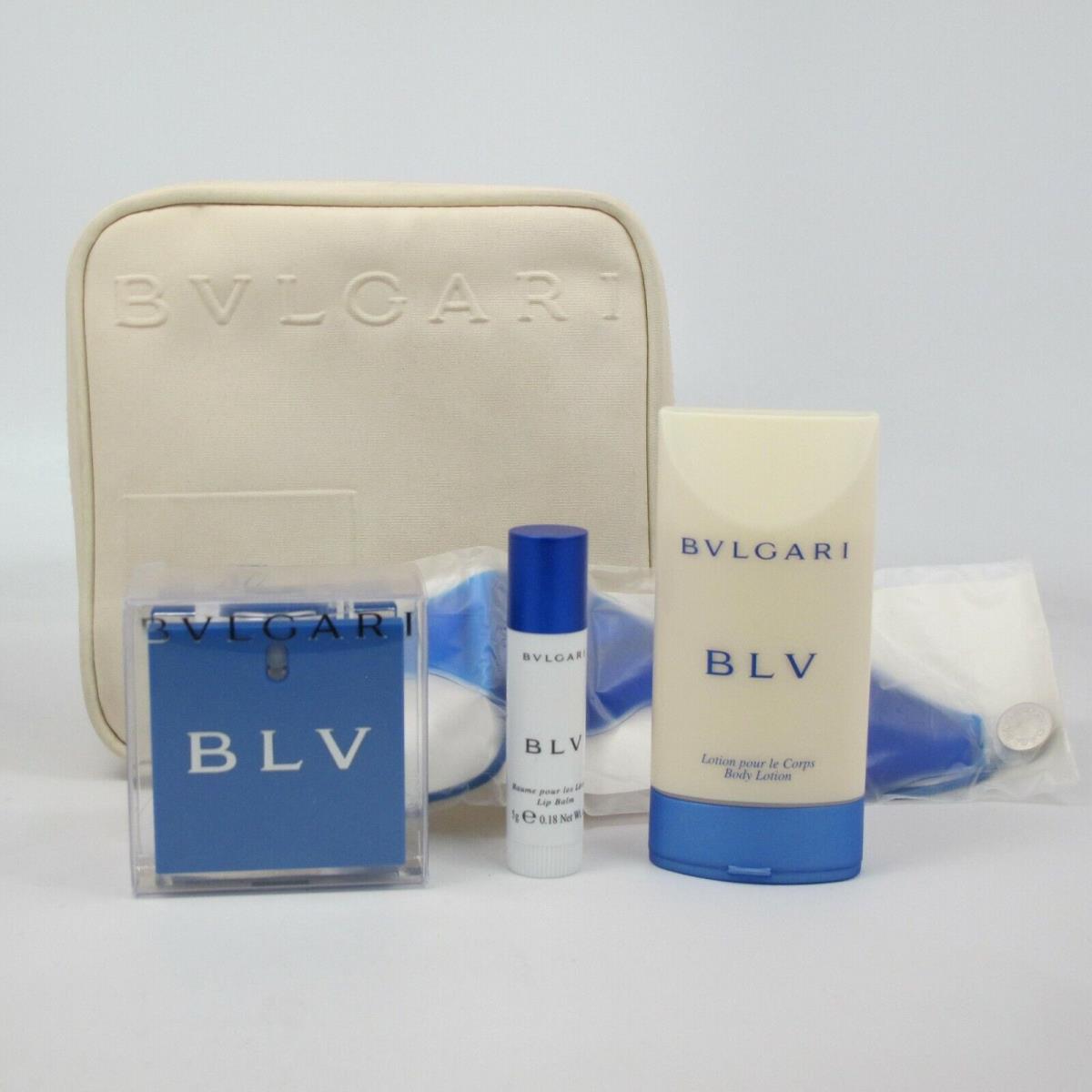 Blv by Bvlgari Set: 0.84 oz Edp Spray Lip Balm Eye Mask Body Lotion Bag