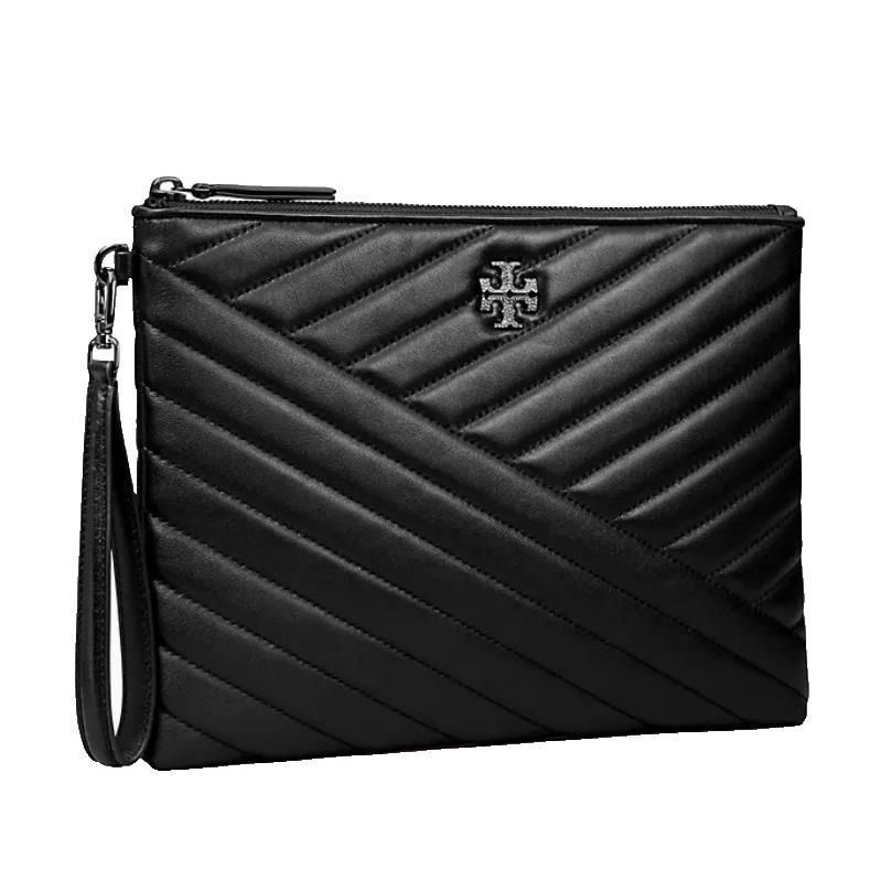 Tory Burch Kira Chevron Pav Logo Leathe Pouch Clutch In Black