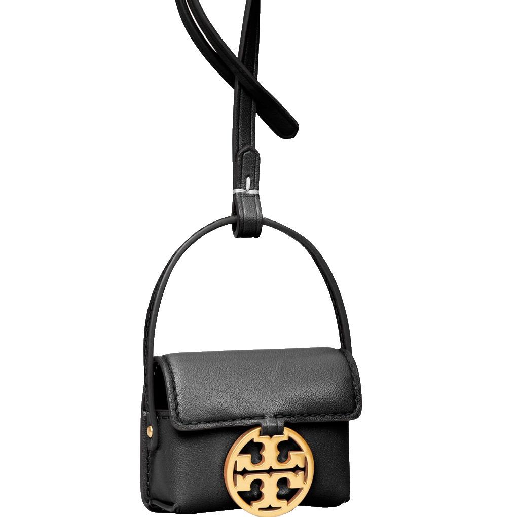 Tory Burch Miller Gold Logo Leather Airpod Case Bag In Black