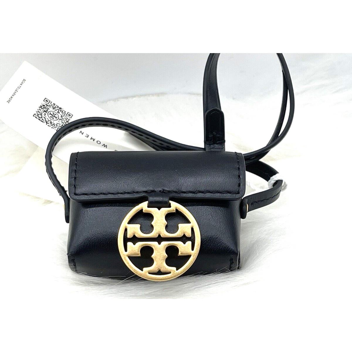 Tory Burch Miller Gold Logo Leather Airpod Case Bag In Black