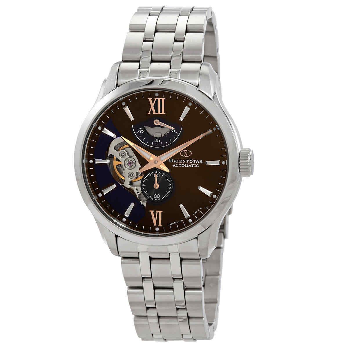 Orient Star Automatic Open Heart Brown Blue Dial Men`s Watch RE-AV0B02Y00B - Dial: Silver, Band: Silver, Bezel: Silver