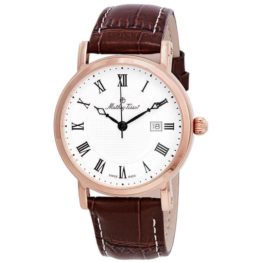 Mathey-tissot City White Dial Brown Leather Watch H611251PBR - Dial: White, Band: Brown, Bezel: Rose Gold PVD