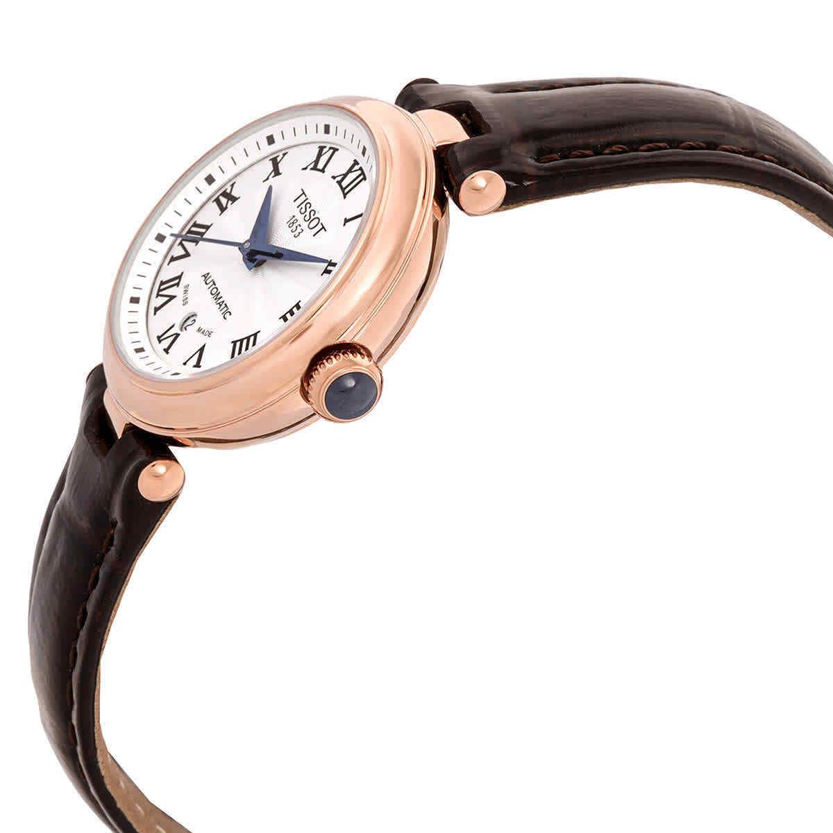 Tissot Bellissima Automatic White Dial Ladies Watch T1262073601300 - Dial: White, Band: Brown, Bezel: Pink
