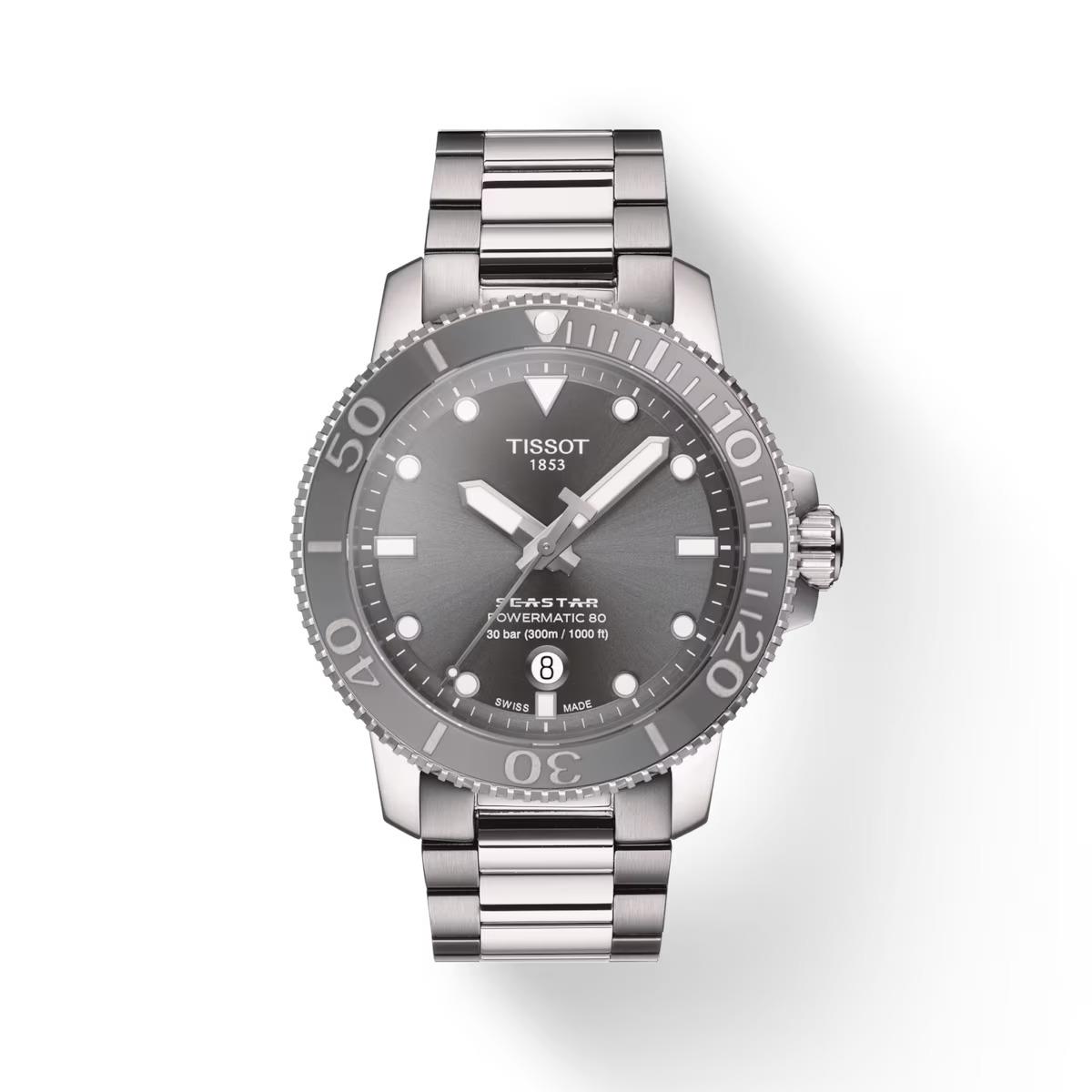 Tissot Men`s Seastar 1000 Powermatic 80 43mm Gray Dial Watch T120.407.11.081.01 - Dial: Gray, Band: Silver, Bezel: Gray