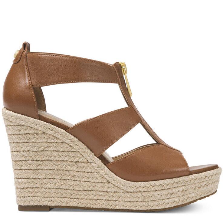 Michael Kors Damita Espadrille Wedge Sandal Platform Zip Luggage Leather