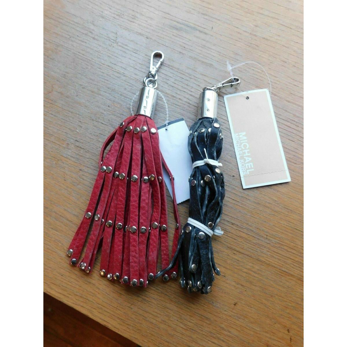 Michael Kors Stud Tassel Key Chain Fob Bag Charm Silver/ Red or Black Leather NU