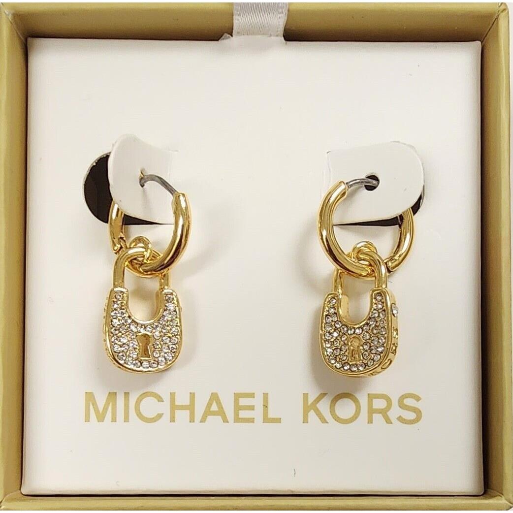 Michael Kors Gold Tone Crystals Pad Lock Drop Hoop Earrings MKJ8025