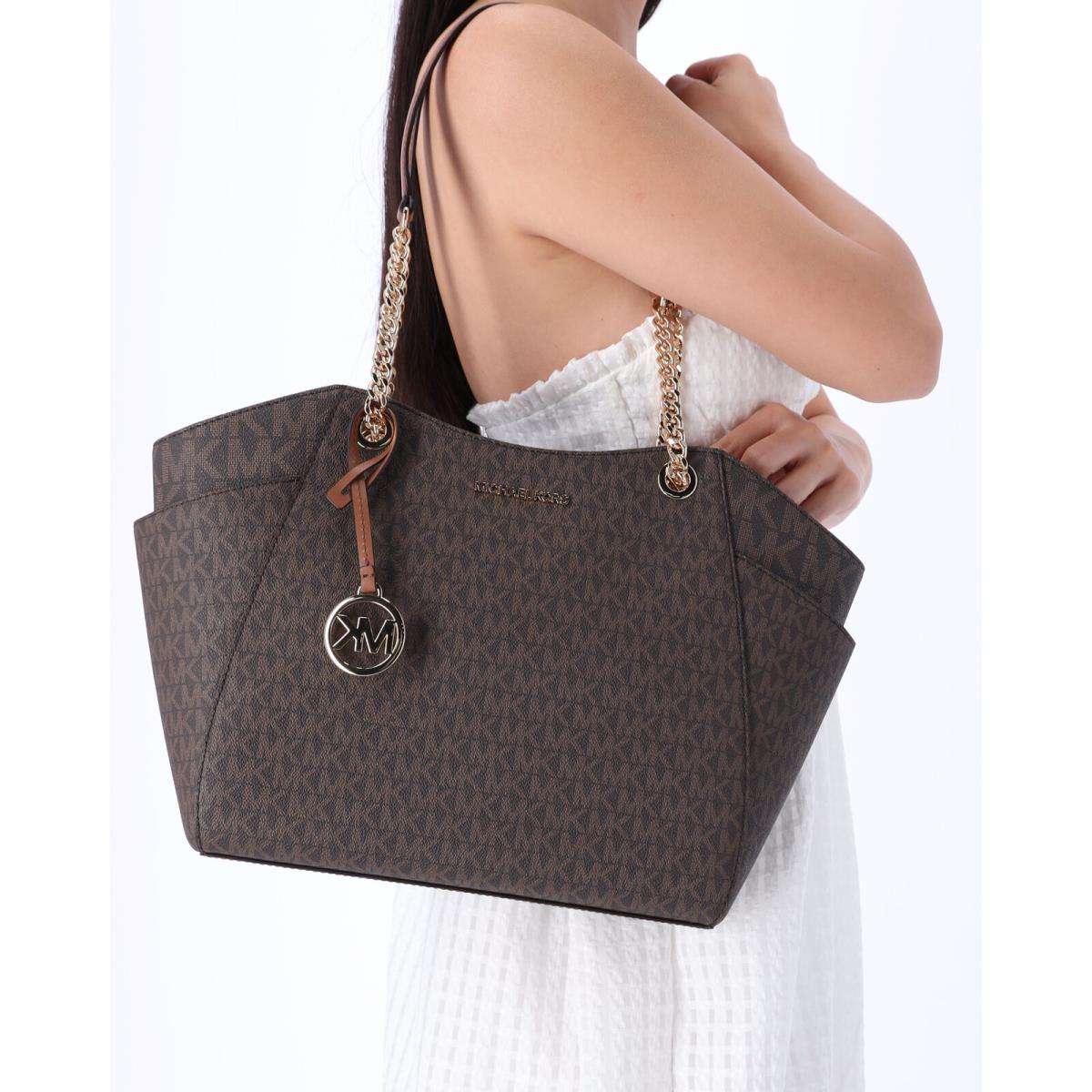 Michael Kors Jet Set Chain Brown MK Signature Large Shoulder Tote Bag - Handle/Strap: Brown, Exterior: Brown, Lining: Beige