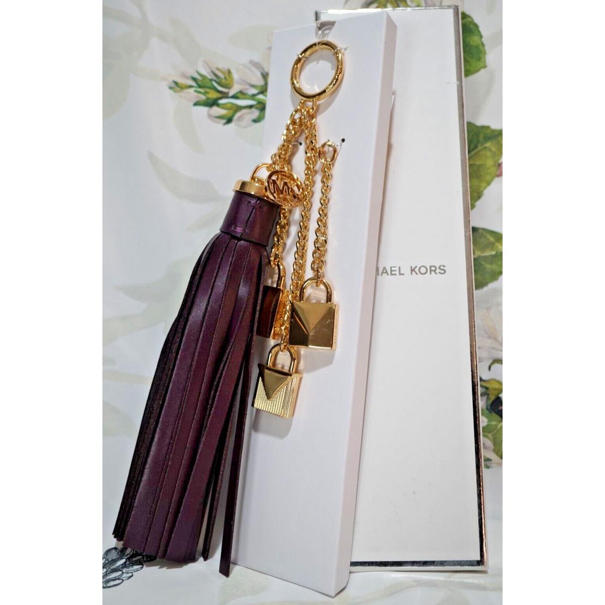 Michael Kors Mercer Lock Leather Tassel Bag Charm Key Chain In Damson Gold