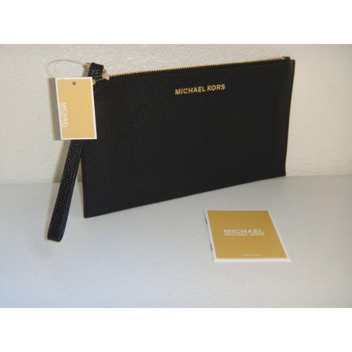 Michael Kors MK Jet Set LG Zip Clutch Wrist-let Wallet Black Leather Gold Logo