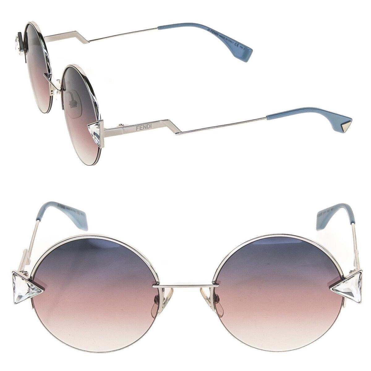 Fendi Iridia FF0243S Crystal Silver Blue Triangle Metal Round Sunglasses 0243