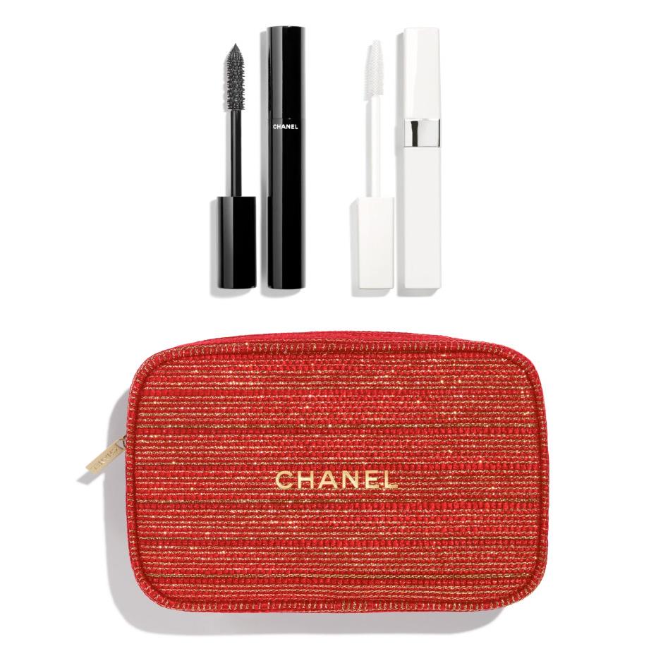 Chanel 3 Pc Holiday Set Mascara Make up O Case Red Gold Tweed Bag Christmas
