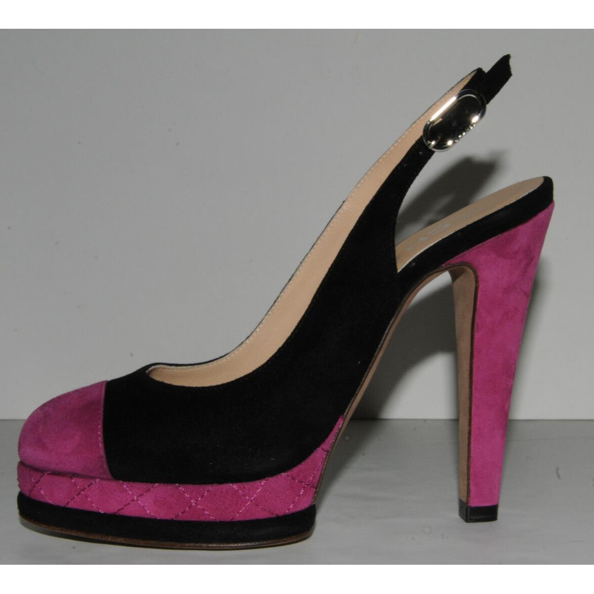 Chanel Black Pink Slings Quilted Platform Sandals Shoes Bag 37 6.5