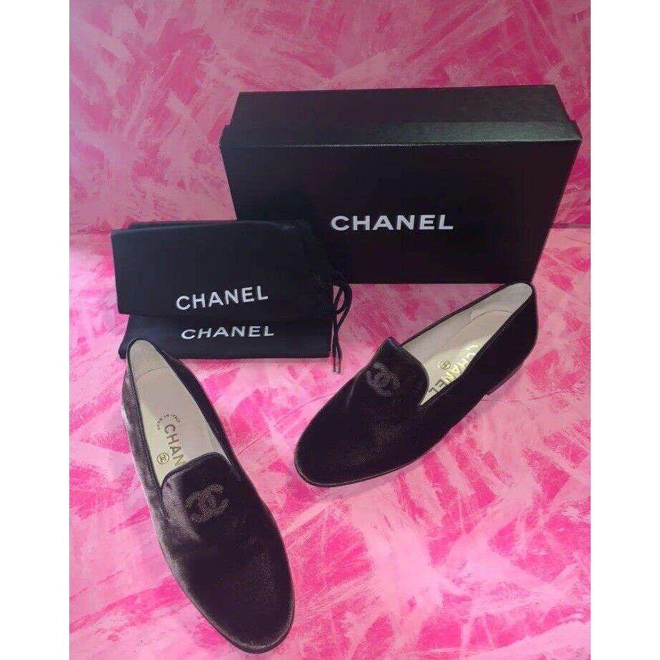 Chanel Shoes Moccasins Loafer Flats Brown Velvet CC Logo W/box Bags 36.5