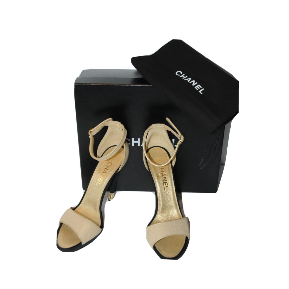 Chanel Beige Light Gold Black Heels Platform Sandals Shoes Bag 40 9.5