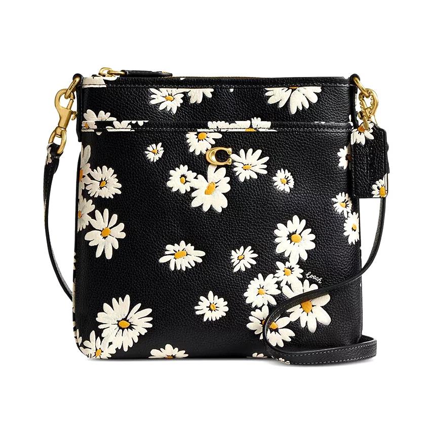 Coach Kitt Daisy Print Leather Messenger Crossbody Bag Black CS131