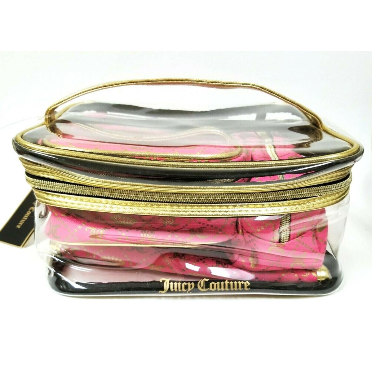 Juicy Couture Pink+gold 4 PC Set Clear Pvc Cosmetic + 2 POUCHES+1 Makeup Bag