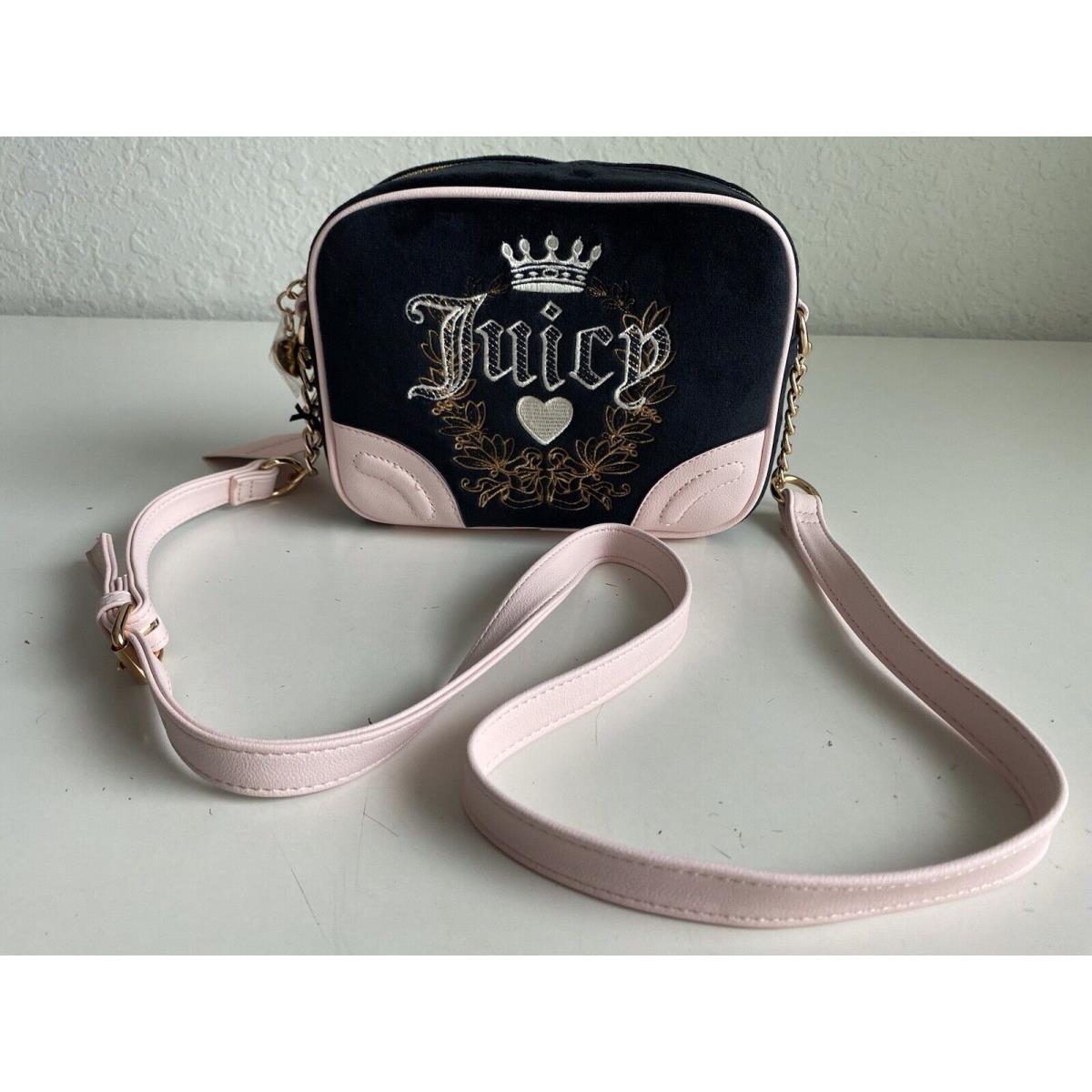 Juicy Couture Liquorice Heritage Crossbody Black and Pink Velour Bag Purse