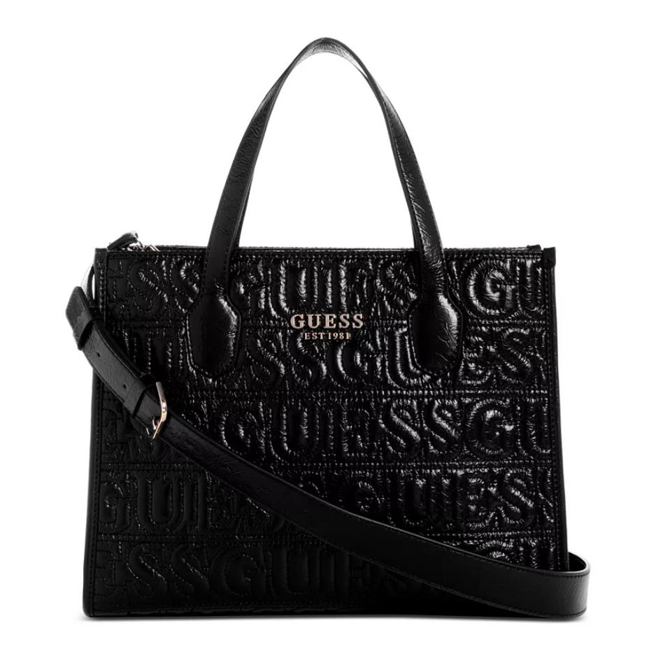 Guess Silvana Double Compartment Medium Tote Logo Embossed Black Gold