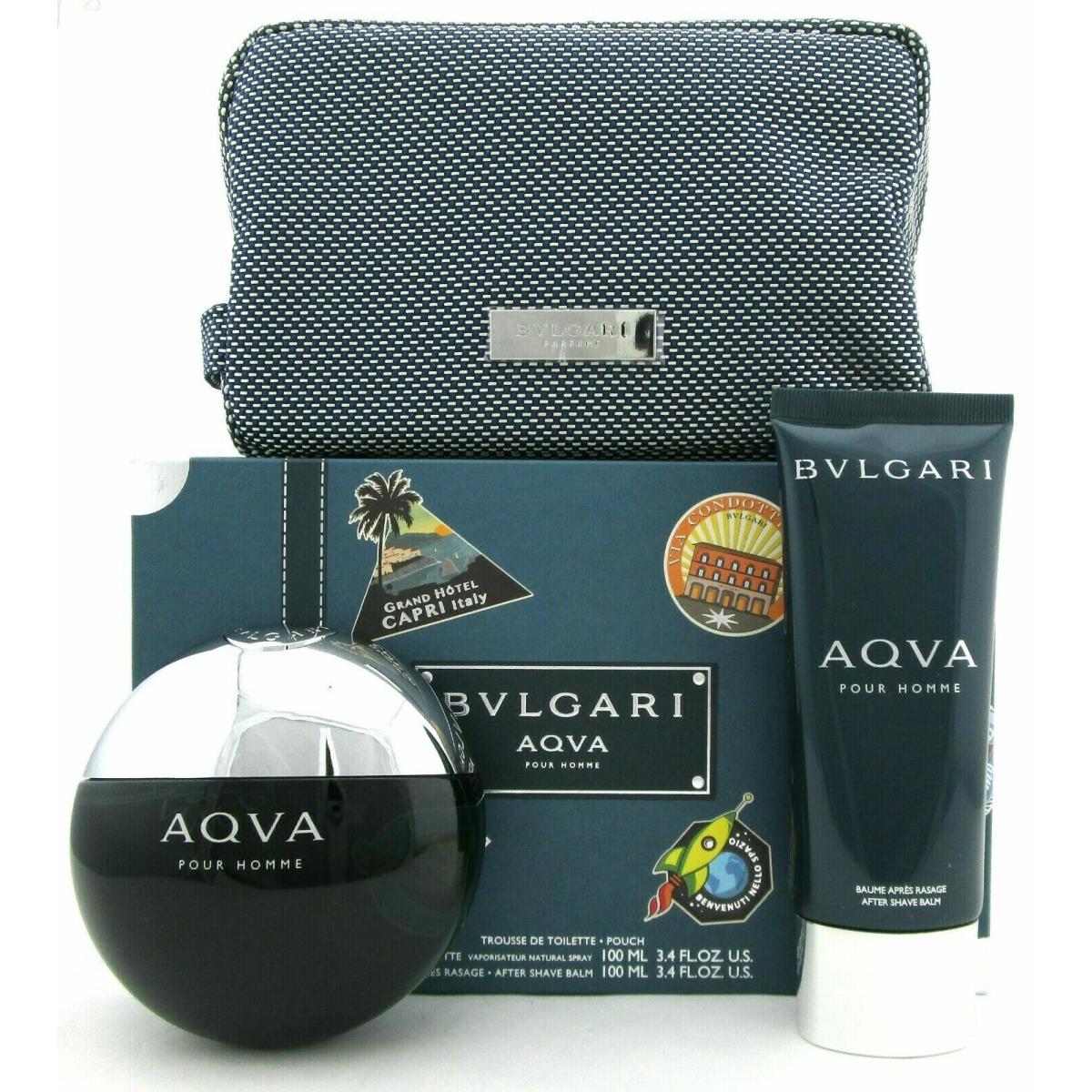 Bvlgari Aqva Pour Homme 3.4 Oz.edt Spray+ 3.4 Oz.a/shave Balm+ Pouch. Men`s Set