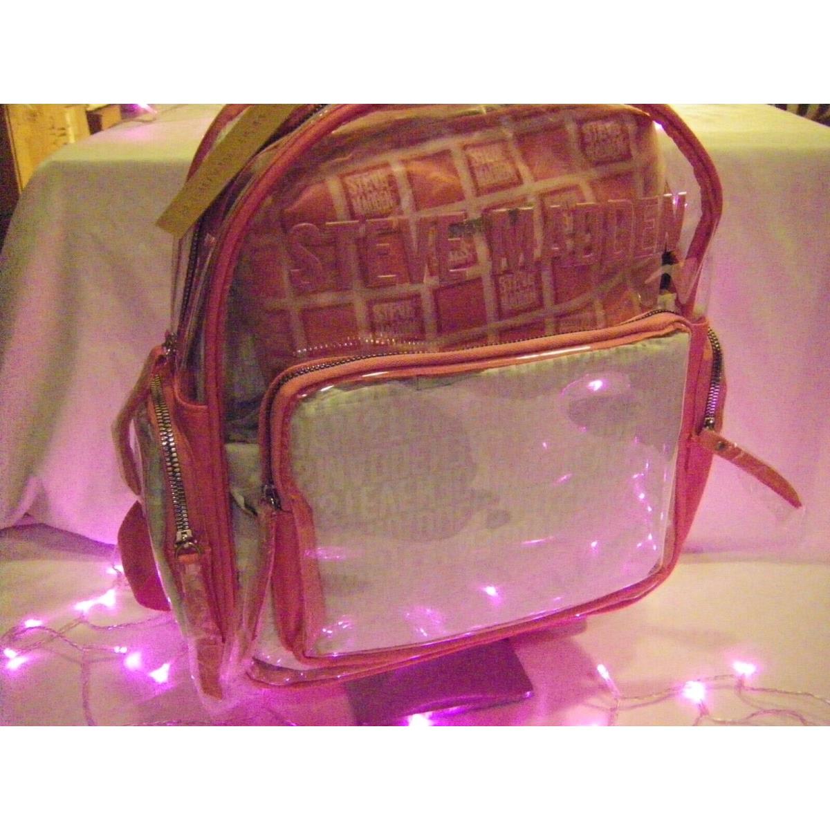 Steve Madden Birma Medium Backpack Clear Pink Logo w/ Wristlet 2 Piece Set