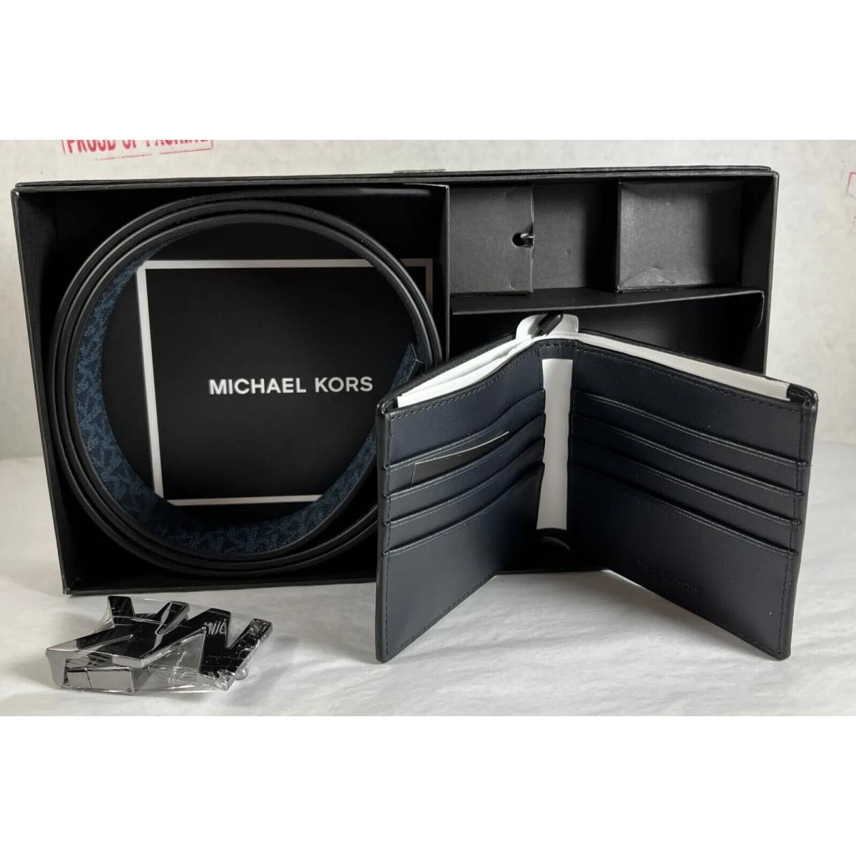 Michael Kors Men`s Belt Wallet Gift Set Reversible Blue Signature MK Leather
