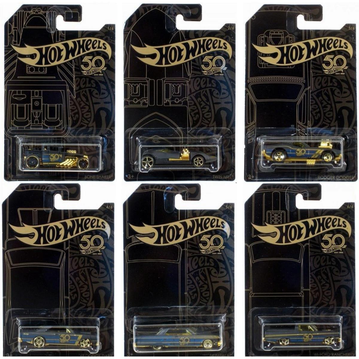 Hot Wheels 50th Anniversary Black Gold Set of 6 Die-cast Cars