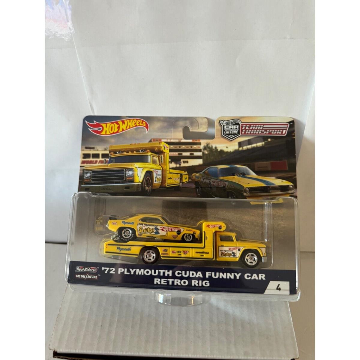 Hot Wheels Team Transport `72 Plymouth Cuda Funny Car Retro Rig Yellow 4 B3