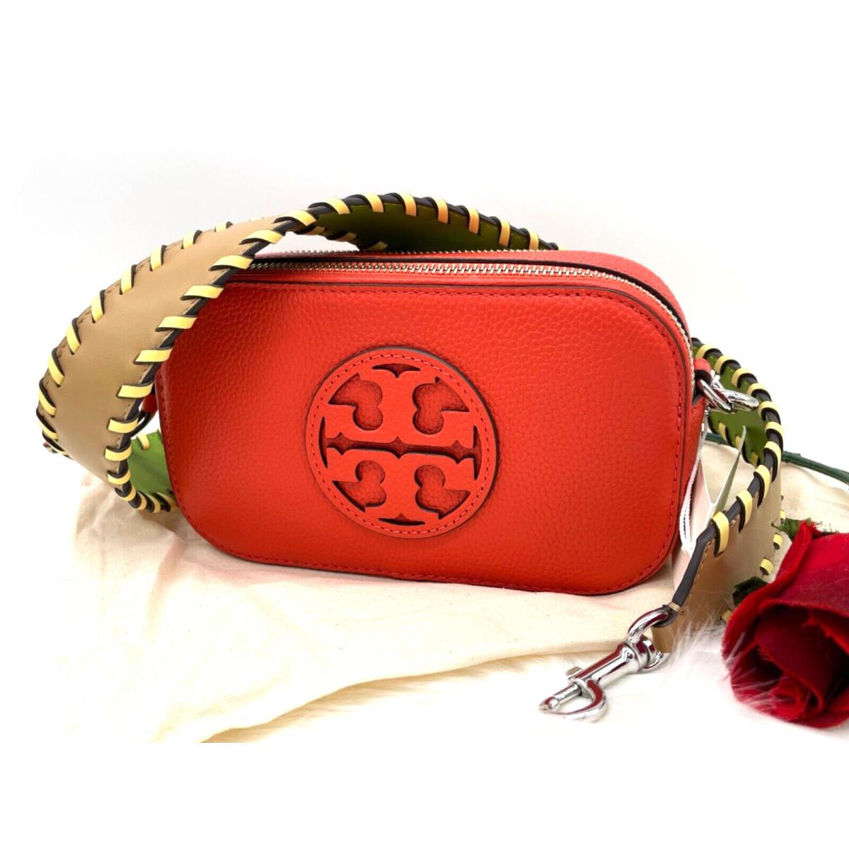 Tory Burch Miller Logo Mini Pebbled Leather Crossbody Bag-poppy Red